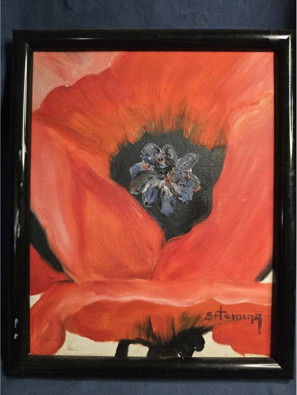 Vintage Original Signed Vibrant Red Poppy Flower Oil Painting in Frame